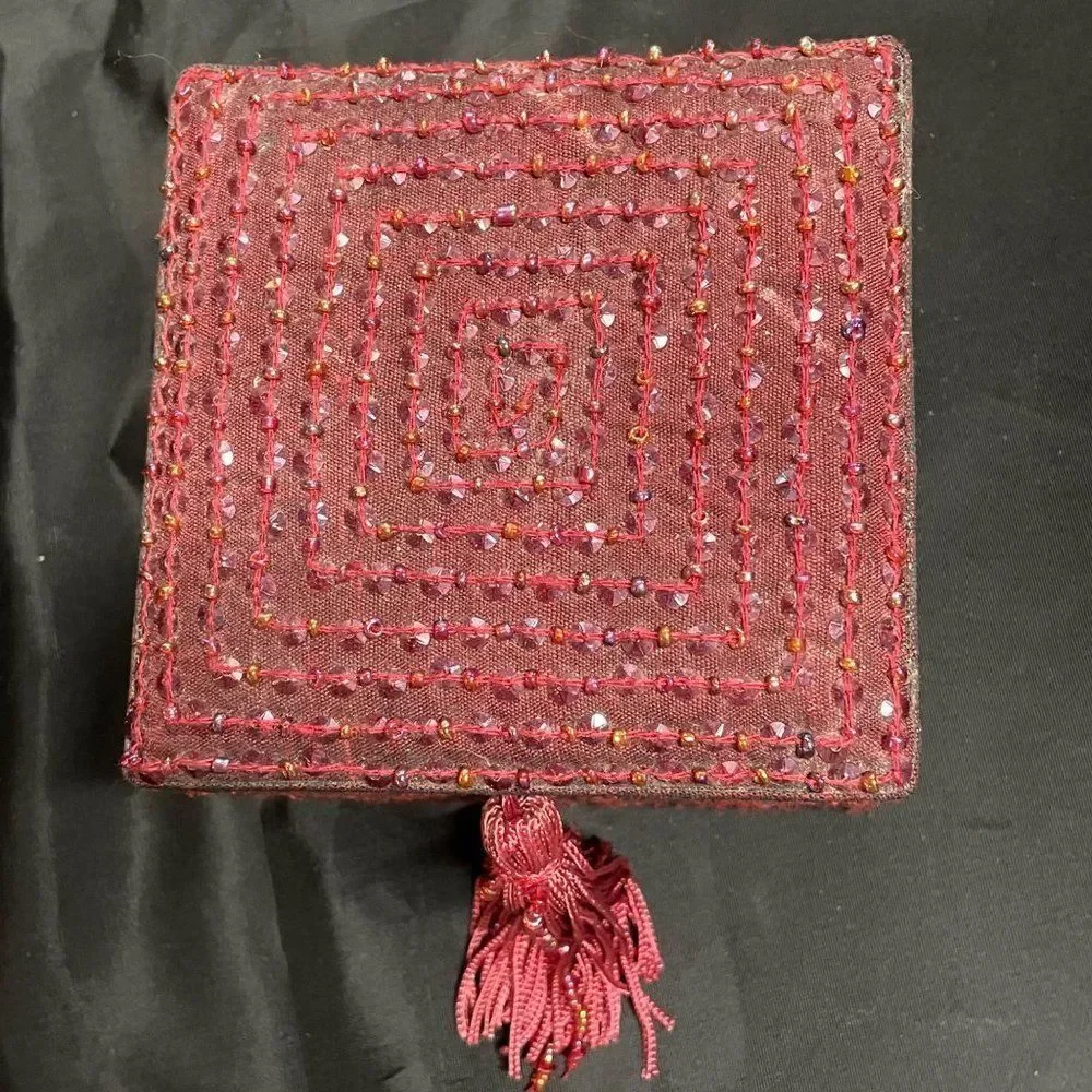 Vintage Red Jewelry Box with bead and tassel 4 x 4 x 3 mirror & removable insert